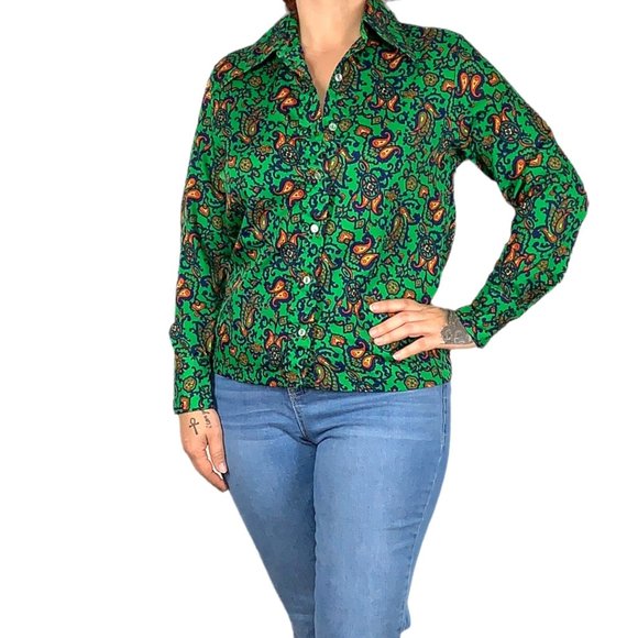 Vintage Tops - Vintage 70s Green Paisley Ornate Long Sleeve Button Up Top Large